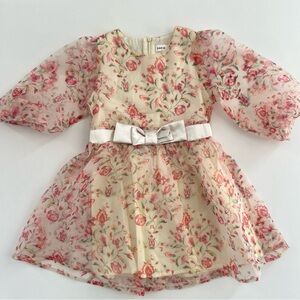 Shein Lantern Sleeve Belted Floral Print Mesh Dress